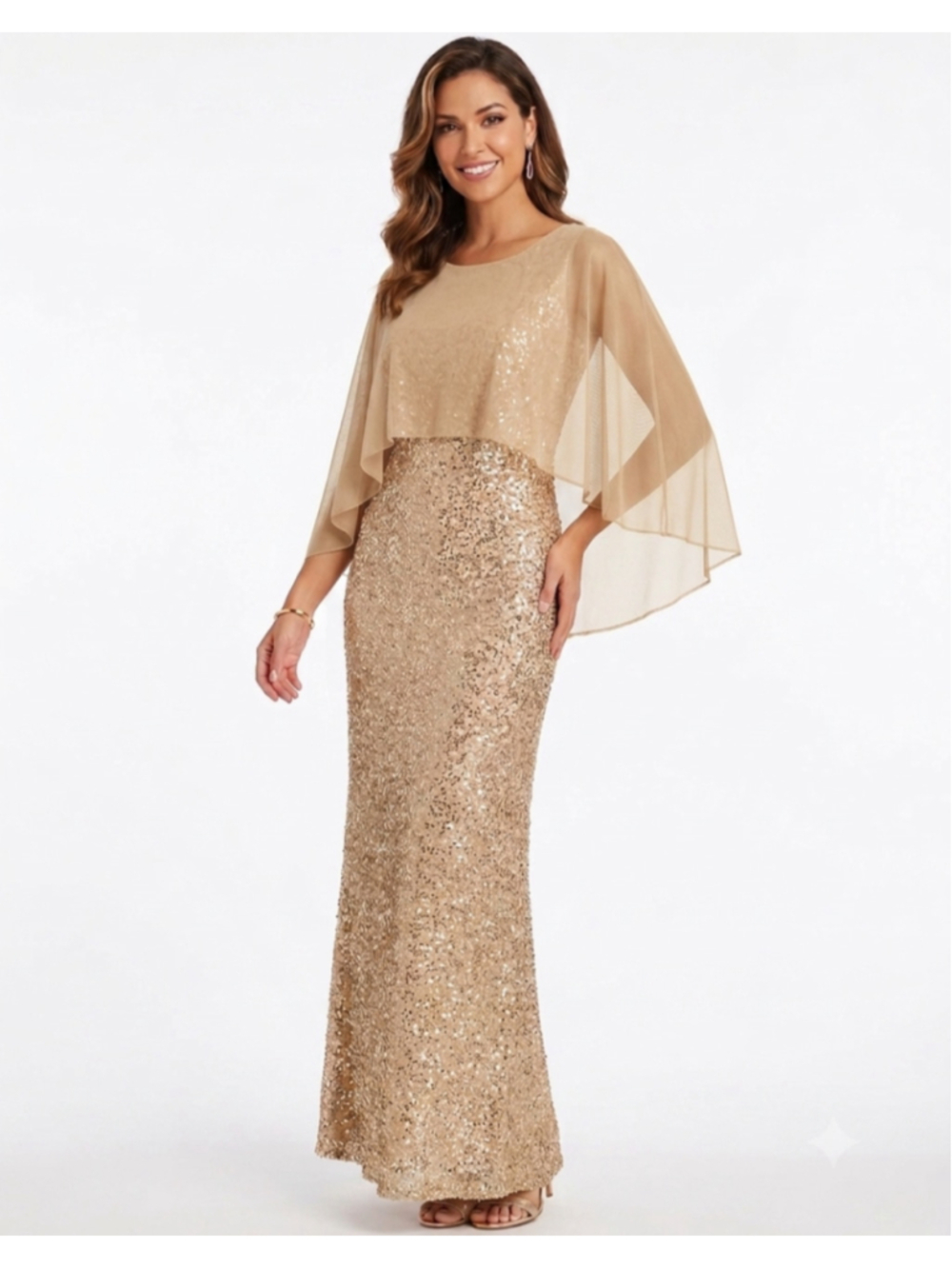 Candalite Petite Champagne Nude Sequin Gown Dress Size Small Petite